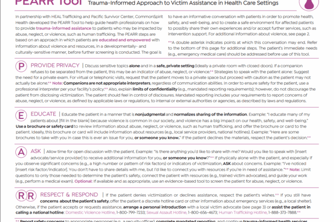 PEARR Tool Trauma-Informed Approach to Victim Assistance in Health Care Settings