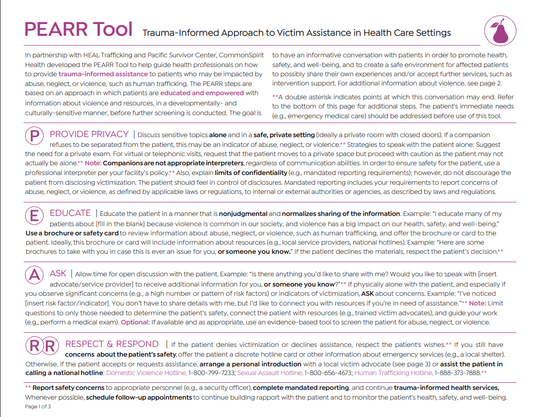 PEARR Tool Trauma-Informed Approach to Victim Assistance in Health Care Settings