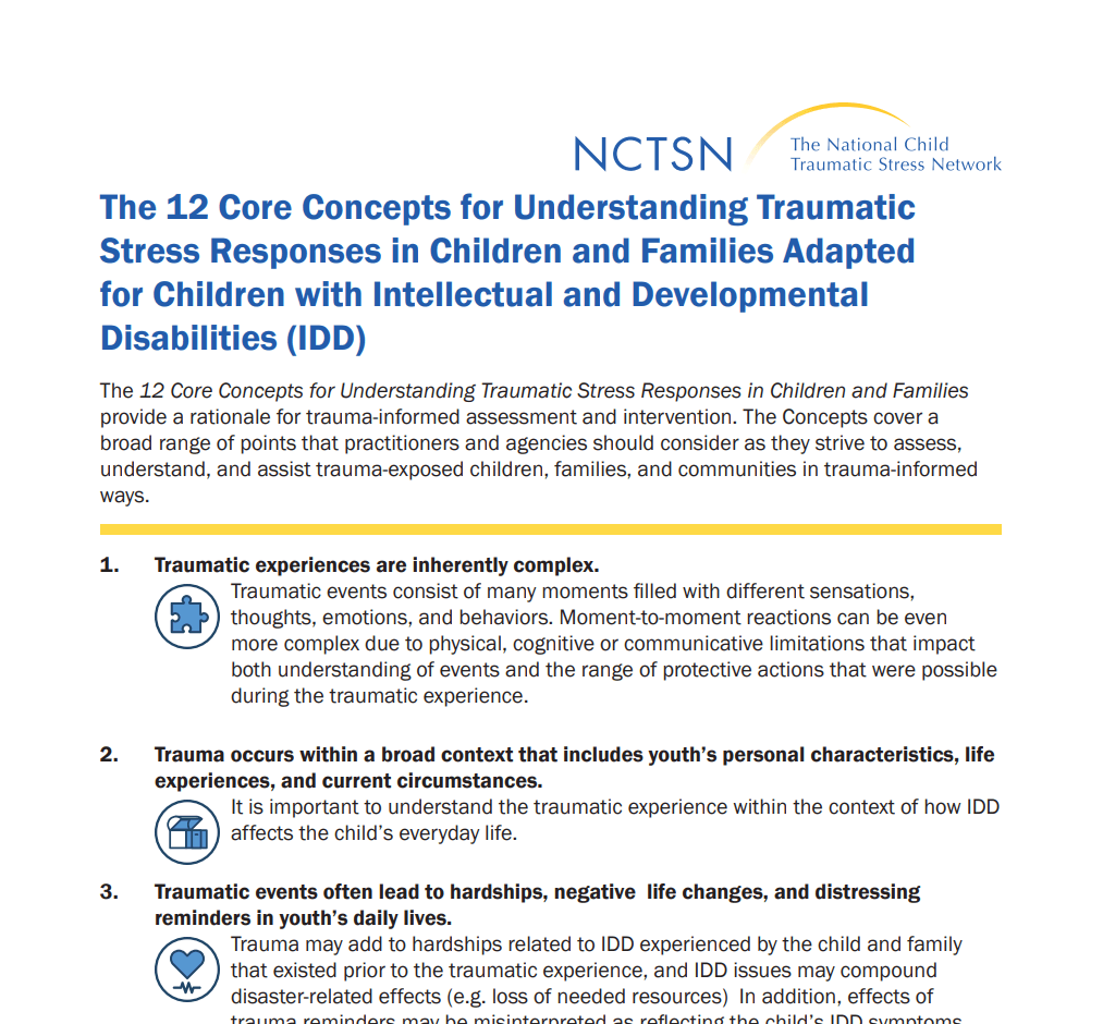 The 12 Core Concepts for Understanding Traumatic Stress Responses in Children and Families Adapted for Children with IDD